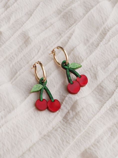 Fruity Design, Watermelon Necklace, Playful Jewelry, Cherry Necklace, Diy Bijoux, Statement Hoop Earrings, Cherry Earrings, Hoop Charms, Gold Filled Hoops