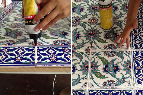 Tile your own table with stylist Emmaly Stewart Tile Patio Table, Diy Garden Decoration, Tile Top Tables, Tile Tables, Diy Table Top, Tile Table, Tile Crafts, Diy Tile, Tile Projects