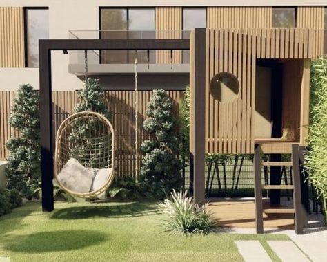 Modern Backyard Playground, Modern Outdoor Playground, Modern Playground Design, Garden Play Area Ideas, Garden Kids Play Area, Modern Hammock, Contemporary Porch, Modern Playhouse, Outdoor Swings