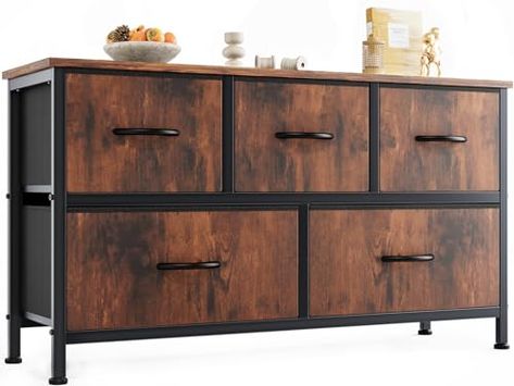 OLIXIS Organizer Storage 5, Chest of Drawers with Fabric Bins, Long Dresser with Wood Top for Bedroom, Closet, Entryway, 11.87" D x 38" W x 20.87" H, Rustic Brown Nursery Entryway, Chord Overstreet Glee, Rustic Dresser, Brown Dresser, Storing Baby Clothes, Wood Chest Of Drawers, Wide Chest Of Drawers, Long Dresser, Chord Overstreet