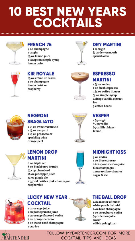 Best New Years Cocktails Nye Drinks, New Years Eve Drinks, Bartender Drinks Recipes, New Year's Drinks, New Years Cocktails, Christmas Drinks Alcohol, Bartender Drinks, Keto Cocktails, Boozy Drinks