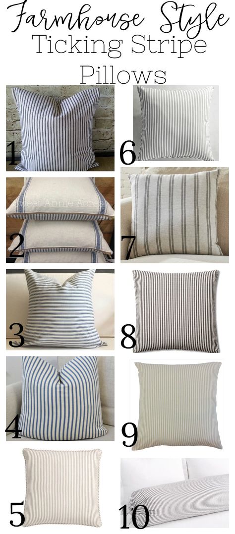 Farmhouse Style Ticking Stripe Pillows Deco Marine, Farmhouse Trends, Cottage Shabby Chic, French Country Bedrooms, Farmhouse Decor Ideas, Farmhouse Fall Decor, Country Bedroom, Kitchen Decorating, Diy Farmhouse Decor