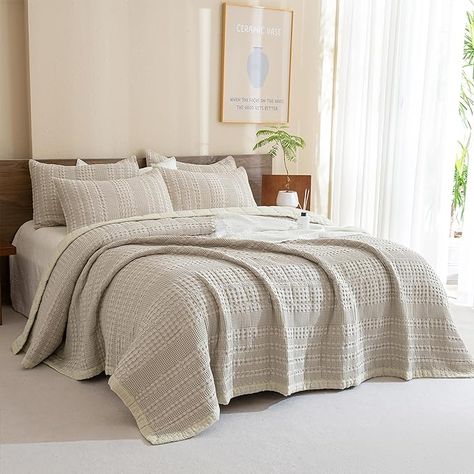 3Pcs Soft Lightweight King Quilt Bedding Set,Farmhouse Coverlet Quilt Set Shabby Vintage Chic Bedding Set Bedding Beige, Khaki Bedding, Waffle Quilt, Cotton Quilt Set, Lightweight Bedding, Coverlet Set, Quilt Set, Shabby Vintage, Quilt Bedding