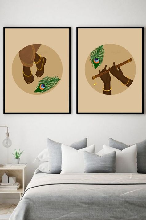 Krishna Wall Painting Ideas, Flute Wall, Minimalist Portrait, Indian Wall Art, Watercolor Scenery, Wall Sticker Design, Krishna Flute, Fabric Painting On Clothes, South Asian Art