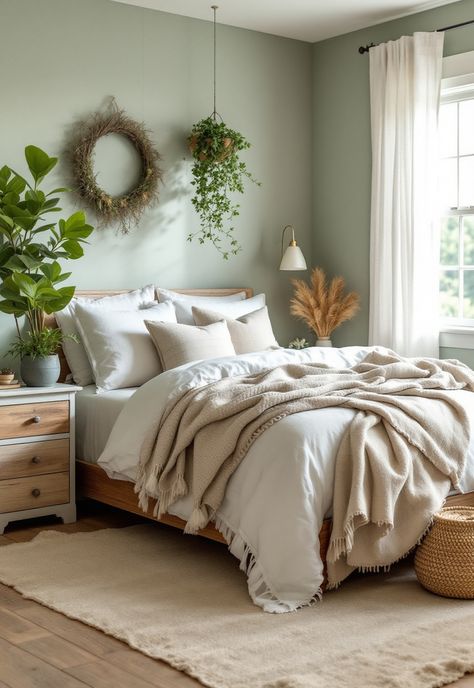 Sage Green Farmhouse Bedroom Master Bedrooms Cream And Sage, Sage Green And Sand Bedroom, Sage Green Farmhouse Decor, Rooms With Sage Green Walls, White And Light Green Bedroom, Sage And Neutral Bedroom, Sage Color Palette Bedroom, Sage Green And White Bedroom Aesthetic, Green And Taupe Bedroom