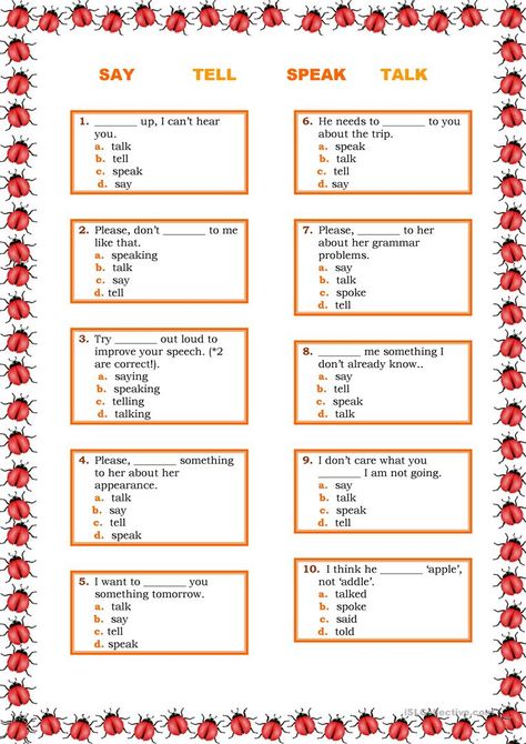 CONFUSABLE VERBS_SPEAK, SAY, TELL, TALK - English ESL Worksheets for distance learning and physical classrooms Modal Verbs, English Grammar Exercises, English Ideas, Kindergarten Songs, English Teaching Materials, Grammar Exercises, Verb Worksheets, Grammar Book, Simple Sentences