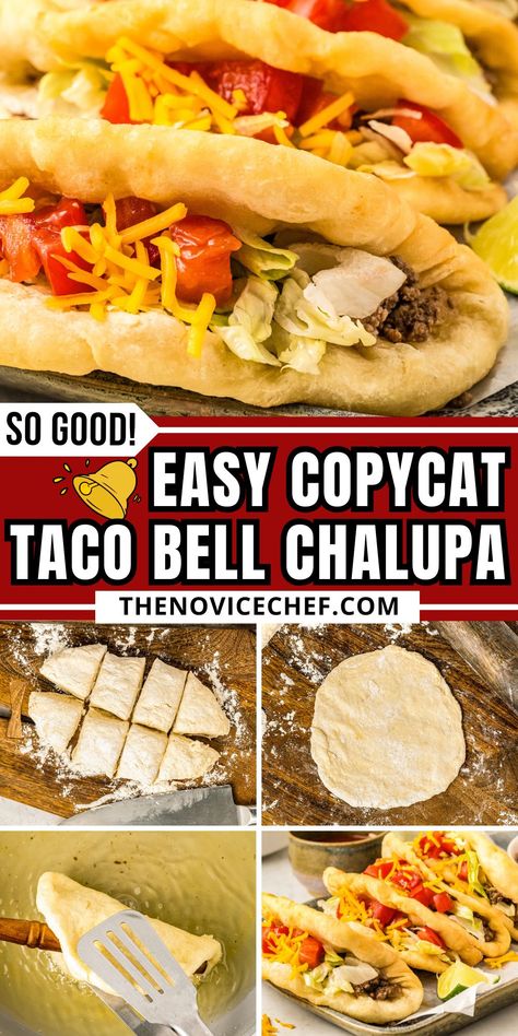 This copycat Taco Bell chalupa with homemade golden, puffy shells and browned beef-onion filling is perfect when you're craving take-out. Load up on toppings like sour cream and juicy tomatoes for a tex-mex fiesta! Gluten Free Chalupa Recipe, Diy Chalupa Shell, Taco Bell Gorditas Recipe Mexican, Chalupa Shells Recipe, Homemade Chalupa Shells, Chalupa Bread Recipe, Chalupa Recipe Shells, Taco Bell Chalupa Recipe, Chalupa Bread