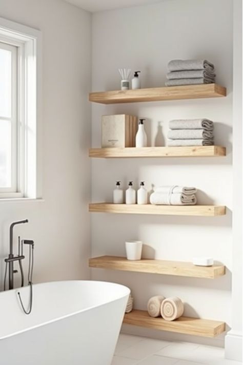 Stylishly arranged open bathroom shelves with neatly displayed items Modern Bathroom Storage, Floating Vanities, Minimalist Organization, Contemporary Storage, Bathroom Storage Solutions, Pedestal Sinks, Hidden Compartments, Storage Systems, Floating Vanity