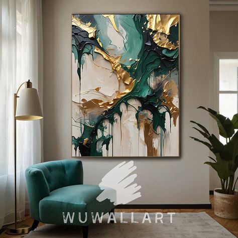 Hunter Green And Gold Living Room, Emerald Green Wall Art, Gold Abstract Art, Dynamic Movement, Gold Living Room, Green Wall Art, Abstract Art Print, Textured Wall Art, Textured Wall