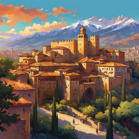 Granada: The Alhambra Palace . #painting #oilpainting #acrylicpainting #watercolor #canvas #colorful #abstractart #fineart #contemporaryart #modernart #creative #instaart #gallery #artstudio #artwork #artistic #artlife #artoftheday🎨 Palace Painting, Alhambra Palace, Alhambra Granada, Reference Board, Visual Reference, Watercolor Canvas, Fantasy Landscape, Granada, Life Art