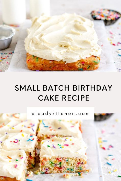 This Mini Funfetti Cake is a classic Birthday Cake with Vanilla Frosting. This Small Batch Vanilla Cake is filled with Funfetti Sprinkles and is then topped with an easy small batch vanilla American Buttercream. This cake is baked in an Eighth sheet pan but can also be made in a loaf pan for the perfect small batch birthday cake! Small Batch Vanilla Cake, Funfetti Sheet Cake, Classic Birthday Cake, Mini Loaf Cakes, American Buttercream, Classic Birthday, Easy Frosting, Small Batch Baking, Sheet Cake Recipes