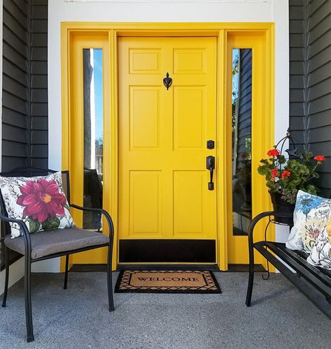 Painted by Amsberry's Painting in the color SW 6684 Brittlebrush  #sherwinwilliams #frontdoor #yellow #summer #colorpalette #paintcolors #designelements #yellowfrontdoor #brittlebrush #sw6684 Yellow Front Door, Yellow Front Doors, Yellow Door, Door Paint Colors, Yellow Doors, Door Inspiration, Yellow House, Painted Front Doors, Architecture Model Making