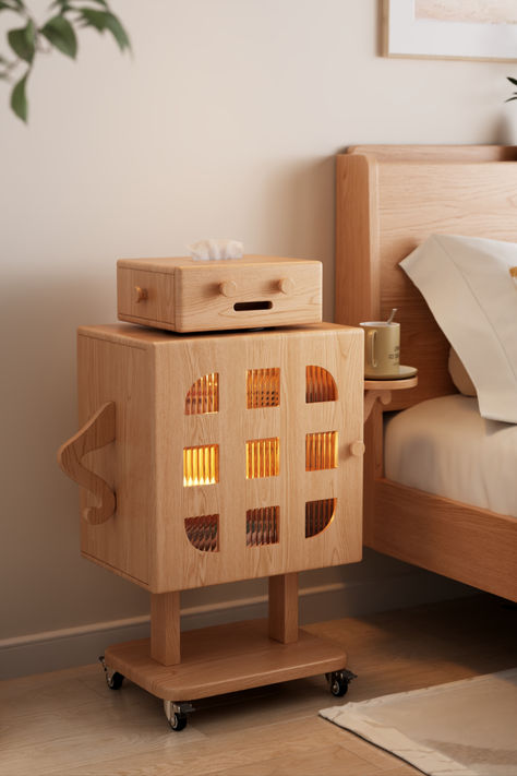 Innovative Bedroom Accent: Wooden Robot Bedside Table with Tray Hand for Essentials and Tissue Box Head Tissue Box Design, Unusual Bedside Tables, Wooden Robot, Box Head, Wood Bed Design, Kids Room Furniture, Wooden Bedside Table, Table Decor Living Room, Woodworking Furniture Plans