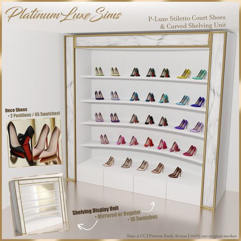 P-Luxe SC Deco Shoes & Curved Shelving Unit - The Sims 4 Build / Buy - CurseForge Ts4 Clutter Cc Patreon, Platinum Luxe Sims, Mods Sims 4, Sims Furniture, Furniture Cc, Sims 4 Piercings, Building Things, Play Sims 4, Sims 4 Clutter