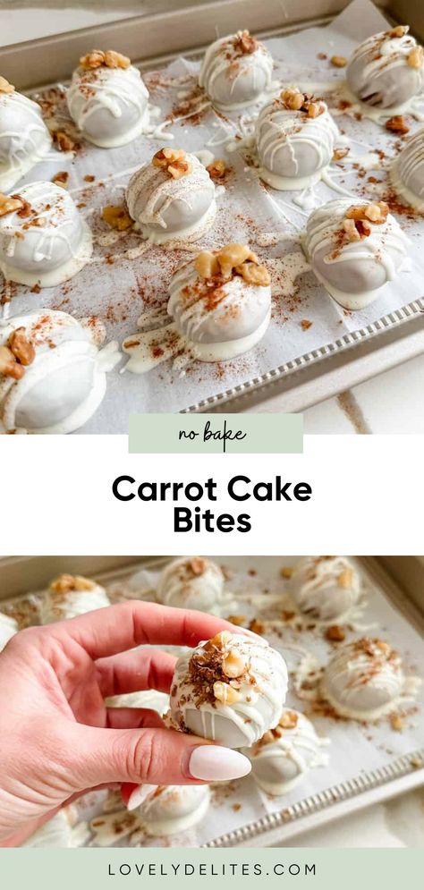 These healthy no bake carrot cake bites come together in just about 20 minutes. Gluten free carrot cake bites made with white chocolate and almond butter. Perfect easy no bake spring treat! Carrot Cake Layered Dessert, Carrot Cake Truffle Recipe, Thanksgiving Truffle Balls, Fall Cake Balls, Cake Balls Decorating Ideas, Cake Balls Thanksgiving, Spice Cake Truffles, Cake Truffle Balls, Thanksgiving Truffles