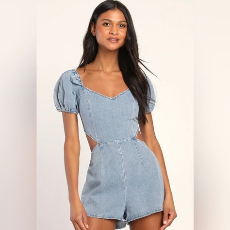 You'll Be The Cutest Person In The Room With The Lulus Blushing Beauty Light Wash Denim Puff Sleeve Romper! Sturdy 100% Cotton Denim Shapes This Sweet Romper With A V-Neckline, A Princess-Seamed Bodice, And Puff Sleeves With Elastic At The Shoulders And Cuffs. An Elastic Band Crosses The Trendy Open Back And Attached Shorts With Elastic At The Back Of The Waist Complete The Look. Nwt Lulu's Blushing Beauty Light Wash Denim Puff Sleeve Romper Size Medium V-Neck Elastic Waist Allows Stretch. May B Gameday Outfits, Lulu Pants, Backless Romper, Denim And Diamonds, Vegas Outfit, Beauty Light, Denim Romper, Gameday Outfit, Sleeved Romper