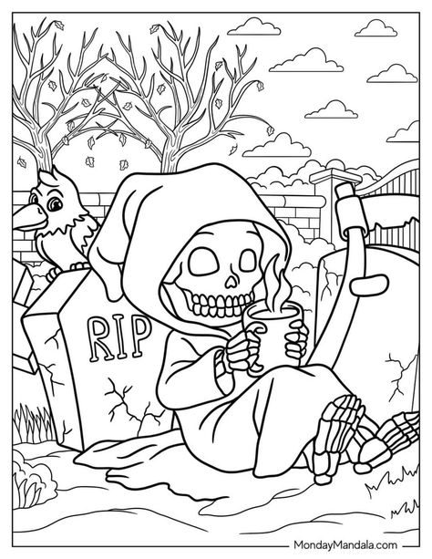 Horror Colouring Page, Coloring Pages Horror, Skeleton Coloring Pages, Goth Coloring Pages, Creepy Coloring Pages, Horror Coloring Pages, Scary Coloring Pages, Halloween Coloring Pages For Kids, Skull Coloring