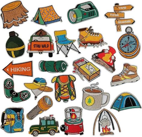 Amazon.com: Maseihels Camping Iron on Patches - 24 Pcs Camping & Hiking Patches Sew/Iron On Cool Funny Embroidered Patch for Adult Kids Teens for Jeans Jackets Clothes Hats Tactical Backpacks & T-Shirts : Arts, Crafts & Sewing Backpack For Outdoor Activities With Logo Patch, Functional Outdoor Backpack With Logo Patch, Outdoor Patch Design, Iron On Patches Backpack, Camping Patches, Tactical Backpack, Colorful Butterflies, Iron On Patches, Embroidered Patches