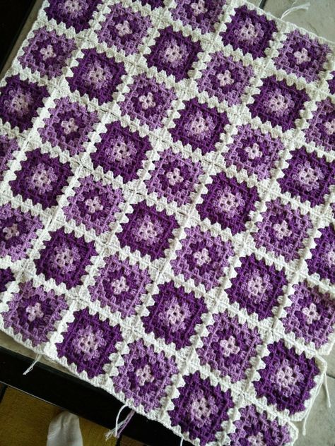 Multi Size Granny Square Blanket, Purple And White Crochet Blanket, Purple And Blue Crochet Blanket, Purple And Black Crochet Blanket, Crochet Purple Blanket, Purple Granny Square Blanket, Crochet Shell Blanket, Purple Afghan, Blue Crochet Blanket