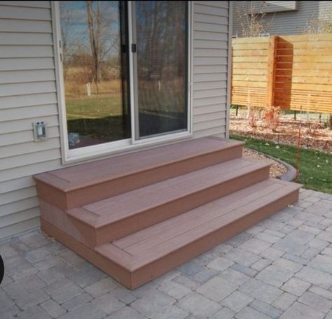 Patio Door Stairs Backyards, Back Door Steps To Patio, Backdoor Steps To Patio, Deck Steps Ideas, Trex Steps, Composite Decking Steps, Terrace House Garden, Backyard Steps, Deck Options