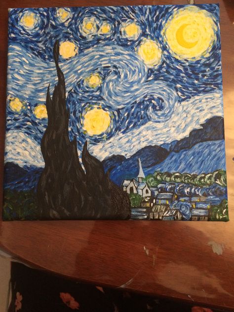 Van Gogh Step By Step, Start Night Painting, Van Gogh Drawings, Painting Starry Night, Wood Paintings, Art Niche, Gogh The Starry Night, Starry Night Art, Starry Night Painting