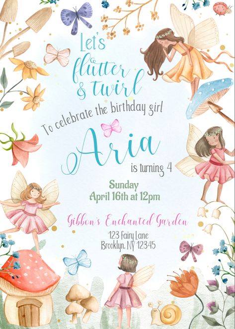 White background on kids invitation that has fairies and florals as well as some mushrooms and bugs. Watercolor illustration clip art Fairy Theme Birthday Party, Fairy Garden Birthday Party, 1st Birthday Party Invitations, Garden Party Birthday, Fairy Birthday Party, Garden Birthday, Fairy Birthday, Forest Garden, Fairy Parties