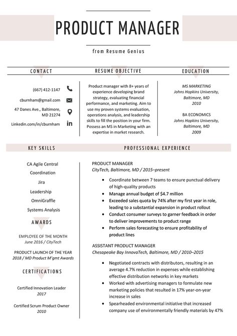 Product Manager Resume Sample & Writing Tips | Resume Genius Cv Tips Professional Cv, Product Manager Cv, Linkedin Resume, Accounting Assistant, Cv Inspiration, Project Manager Resume, Cv Tips, Business Resume, Job Skills