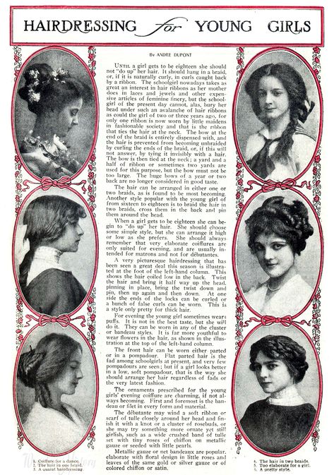 1911- Hairdressing for Young Girls 1911 Hairstyles, Decade Hairstyles, 20th Century Hairstyles, 1900 Hair, 1910s Hair, 1900s Hairstyles, Period Hairstyles, 1800s Hairstyles, 1910 Hair