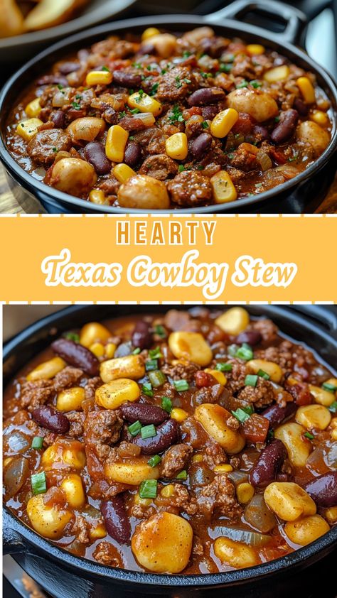 Soup Recipes: Hearty Texas Cowboy Stew Cowboy Beef Stew Recipe, Cowboy Cooking Recipes, Texas Stew Crock Pot, Beef And Bean Stew, Beef Stew With Ground Beef, Crockpot Cowboy Stew, Cowboy Dinner Recipes, Brisket Stew Recipes, Beef Soups And Stews