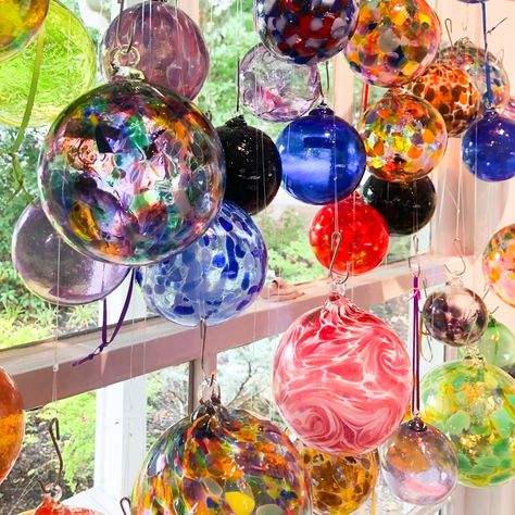 How To Display Glass Balls, Suncore Aesthetic, Glass Balls Display, Hanging Glass Globes, Pride Wedding, Witch Ball, Hanging Stained Glass, Hand Blown Glass Art, Glass Ware