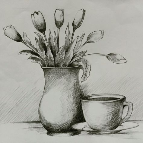 Pencil drawing | pencil shading | still life drawing | cup and vase | Sketch Ideas Still Life, Vases Still Life, Still Life To Draw, Still Life Drawing Pencil Shading, Still Life Pencil Shading Sketch, Pencil Sketches Still Life, Shading Practice Drawing, Still Life Composition Drawings, Still Life Sketch Realistic