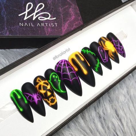 Neon Nails Halloween, Halloween Nails Art Designs, Black And Neon Halloween Nails, Hand Painted Halloween Nails, Glow Halloween Nails, Neon Sign Nail Art, Halloween Nails Neon, Colorful Halloween Nails, Neon Halloween Nails