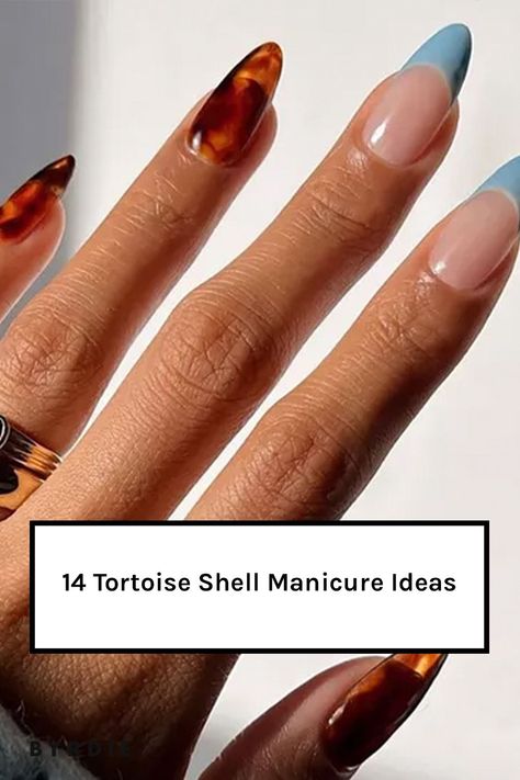 Tortoiseshell Nails French Tip, Tortoise Nail Design, Mixed Design Nails, Blue Tortoise Shell Nails, Colorful Tips Nails, Tortoise Nails Design, Nail Sticker Ideas, Long Almond Nail Designs, Tortoise Nail Art