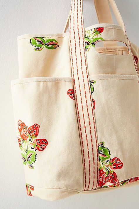 Printed Caravan Tote Bag by FP Collection at Free People in Red Free People Bag, Tote Bag With Patches, College Tote Bag, Garden Tote Bag, Utility Tote Bag, Summer Tote Bag, Painted Tote, Summer Tote, Fire Fits