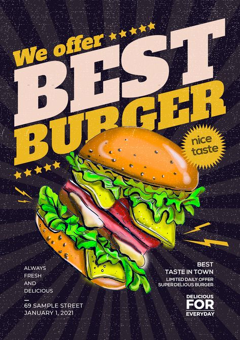 Simple retro burger fast food promotion poster#pikbest#templates Advertisment Poster Products, Promotion Food Design, Fast Food Advertising Poster, Retro Food Ads, Burger Design Poster, Burger Poster Design Graphics, Advertisement Poster Drawing, Food Advertisement Poster Products, Advertisement Poster Product