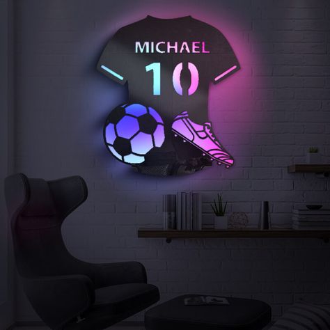 Personalized Name Football Player Mirror Wall Light Bedroom Decor Boys Football Bedroom Ideas, Boys Football Bedroom, Light Bedroom Decor, Soccer Room, Football Lights, Football Rooms, Football Bedroom, Ball Room, Led Lighting Bedroom