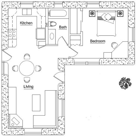 552 sq. ft. interior, 1 bedroom, 1 bath, Footprint: 32′ x 32′ L Shaped Tiny House, Granny Flat Plans, L Shaped House Plans, U Shaped Houses, Granny Pods, L Shaped House, One Bedroom House, 1 Bedroom House, Small House Floor Plans