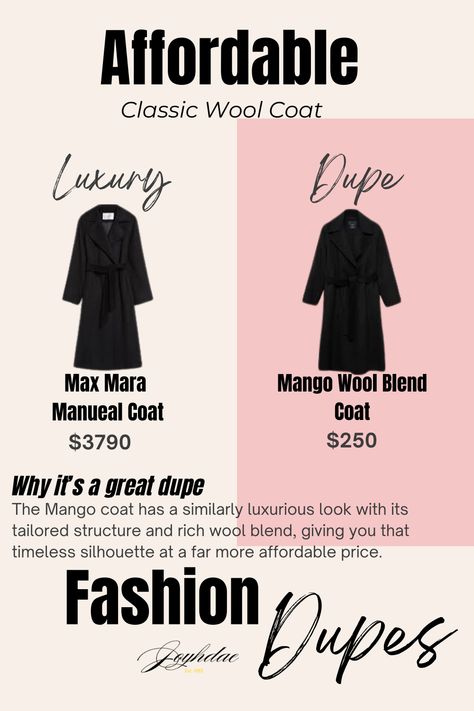 High-End: Max Mara Manuela Coat - $3,790
Affordable Dupe: Mango Wool-Blend Coat - $250

A timeless wool coat that doesn’t come with a $3,790 price tag? Yes, please! 🧥 The Mango wool-blend coat has that classic Max Mara silhouette at a price that won’t make you cry. Perfect for staying warm AND stylish this season!
Snag this winter wardrobe essential now! ❄️

#WoolCoat #AffordableDupes #MaxMaraDupe #MangoStyle #WinterFashion #CoatGoals #LuxuryForLess #ChicAndWarm Max Mara Manuela Coat, Mango Coats, Winter Wardrobe Essentials, Mango Fashion, Make You Cry, Wool Blend Coat, Price Tag, Max Mara, Winter Wardrobe