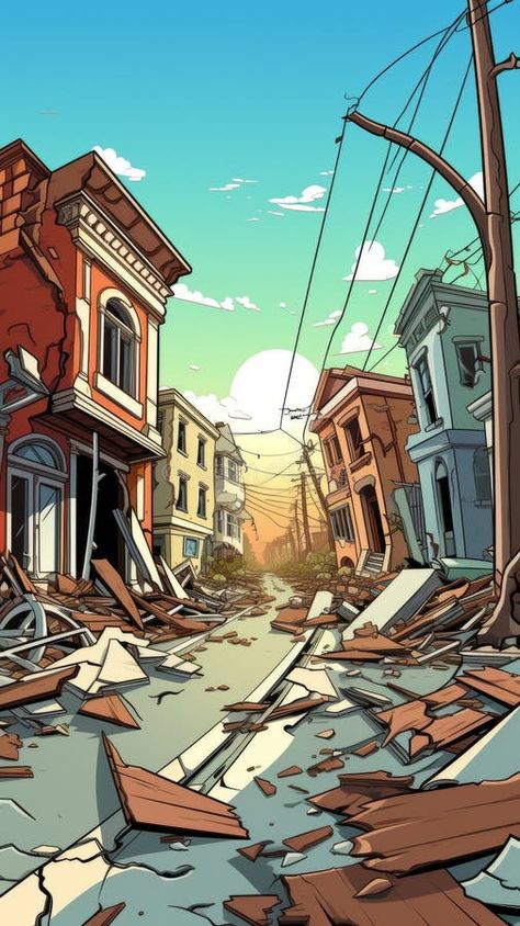 Destroyed houses after a powerful earthquake royalty free stock images Trash Pile Drawing, City Destroyed Art, Destroyed City Drawing, Crossroads Illustration, Gen Math, Disaster Poster, Land Slide, Perspective Illustration, Destroyed House