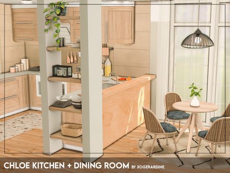 The Sims Resource - Chloe Kitchen + Dining Room (TSR only CC) Sims 4 Rooms, Small House Furniture, Sims 4 Cottage, Sims 4 Kitchen, Cottage Room, Open Plan Kitchen Dining, Dining Room Cozy, Sims 4 House Design, Sims 4 Cc Furniture