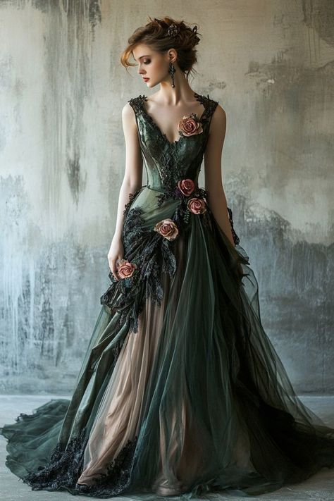 Megara Inspired Prom Dress, Dark Green Princess Dress, Cottagecore Ballgown, Green Wedding Dress For Bride, Enchanted Forest Dress, Green Princess Dress, Earthy Wedding Dresses, Floral Gowns, Flower Gown