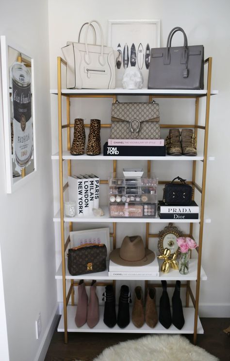 CLOSET / My favorite Amazon finds including these styling shelves perfect for the closet space. Create a functional, organized and modern farmhouse closet space. | SBK Living How To Display Purses In Bedroom, Purse Display Ideas Bedrooms, Storage Shoes, Purse Display, Shoe Organization, Shoe Storage Ideas, Room Things, Bag Closet, Dressing Room Closet