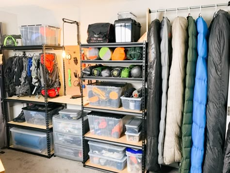 Store Camping Gear, Gear Room Organization, Outdoor Gear Organization, Outdoor Gear Storage, Camping Gear Organization, Camping Gear Storage, Adventure Room, Garage Storage Inspiration, Armoire Entree