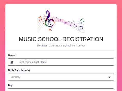 Register for music lessons effortlessly with our customizable form template! Enter student details, select courses, and submit your registration seamlessly, no coding required. Start your musical journey with FormNX!

#FormBuilder #OnlineForms #FormTemplates #FreeFormTemplates #MusicSchoolRegistration #MusicLessons #StudentEnrollment #ArtEducation #FormNX School Registration Form, School Forms, Form Builder, Registration Form, Form Template, Music School, Music Lessons, Art Education, Music Record