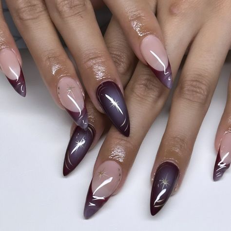 Nails Gold Chrome, Acrylic Nails Fall, Fall Press On Nails, Dark Purple Nails, Medium Stiletto, Plum Nails, Purple Aura, Chrome Nail Art, Strawberry Wine