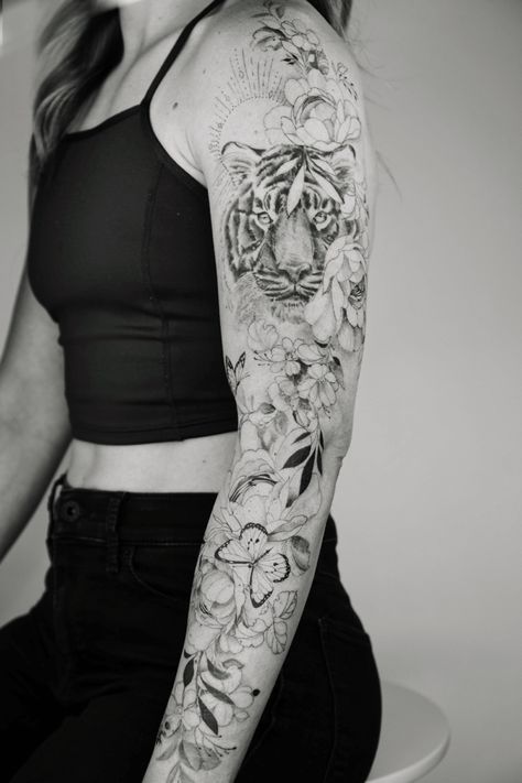 Tiger Tattoo Sleeve For Women, Womens Tiger Tattoo Sleeve, Tattoo Sleeve Animals, Women’s Forearm Half Sleeve Tattoo, Animal Arm Sleeve Tattoos For Women, Floral Animal Sleeve Tattoo, Floral And Animal Tattoo, Animal Tattoos Sleeve, Animal Realism Tattoo Sleeve