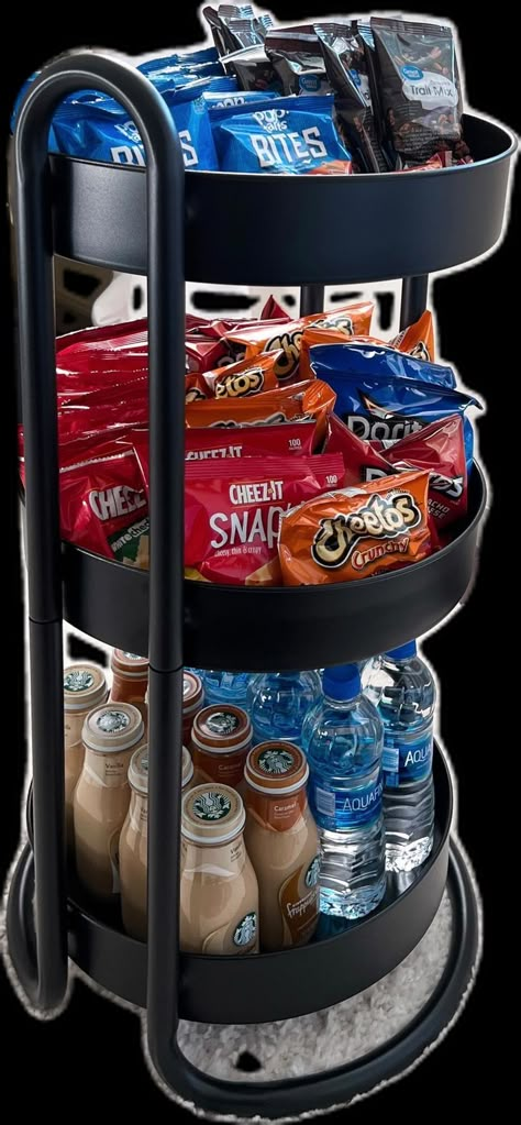 Lash Snack Cart, Snack Cart Ideas For Salon, Snack Cart Bedroom, Snack Trolley Ideas, Aesthetic Snack Cart, Healthy Snack Cart Ideas, Dorm Room Cart, Snack Cart For Room, Delivery Driver Snack Cart