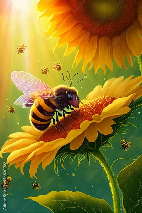 Bee Pictures Art, Animated Bee, Bumble Bee Art, Sunflower Artwork, Bee Artwork, Bee Pictures, Beautiful Butterfly Photography, Bee Painting, Sunflower Pictures