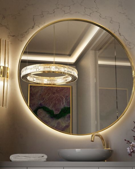 Round Backlit Mirror Bathroom, Circle Light Mirror, Wall Watches, Bathroom Mirror Wall, Light Up Mirror, Room Dressing, Led Bathroom Mirror, Backlit Mirror, Mirror Led