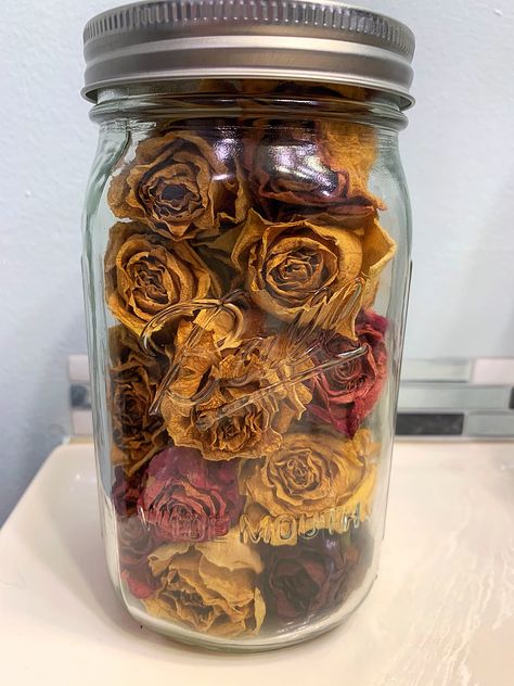 Preserving flowers in a Mason Jar 🥀 Preserve Flowers In Jar, Flowers In A Jar, Flower Jar, Pressed Flower Jars, Pressed Flower Jar Diy, Pressed Flower Mason Jar, Dried Flower Glass Jar, Mason Jar Flowers, Flowers In Jars